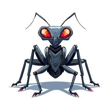 Intricate black alien insect cyborg character with multiple thin robotic legs and bright red sensors for futuristic comic book illustrations and tech icons