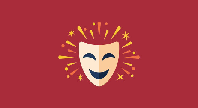 Happy Theater Comedy Mask Icon with Festive Celebration Elements