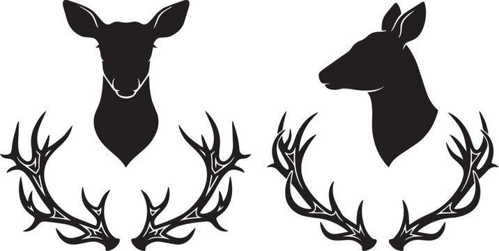 Black deer head silhouette set featuring a doe head portrait and separate majestic antler pairs vector illustration on white background