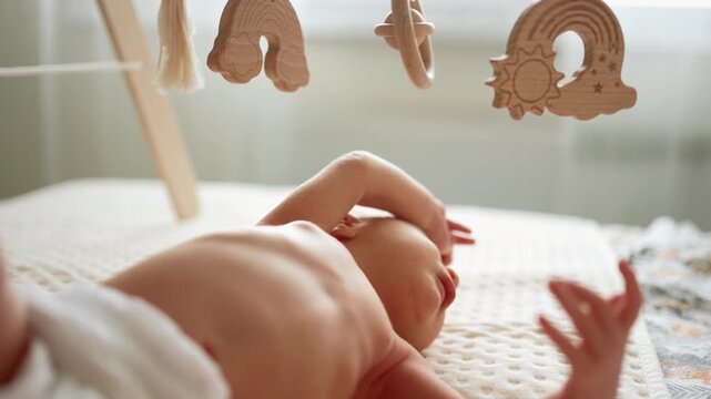 Curious newborn baby reaching out to touch hanging wooden toys on a mobile play gym. The infant is lying on its back, developing motor skills and exploring new shapes and textures