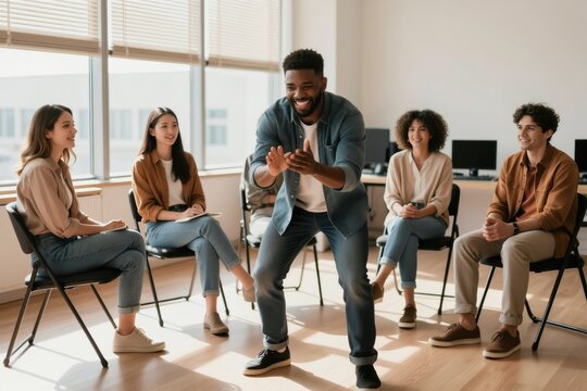 Diverse group of young colleagues plays active indoor game in office. Cheerful African American man acts out charades, friends guess his pantomime. Team building fun activity.