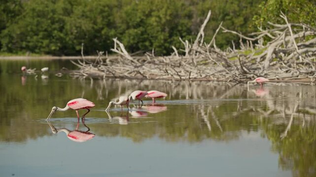 Flock of roseate spoonbills foraging at Everglades National Park