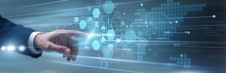 Cyber specialist actively touching digital dashboard enhancing Cloud Security protocols across the central network systems. Analyst monitoring threat intelligence and data encryption logs. © FutureLogic Studio