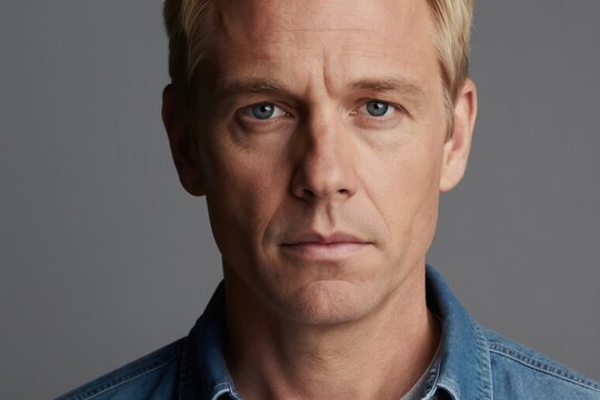 Blond man with blue eyes looks forward. He has short hair and a neutral expression. He wears a blue denim shirt. Studio portrait background is grey.