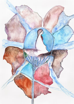 Female Figure Hidden Inside Abstract Blue Flower, Hand Painted Watercolor