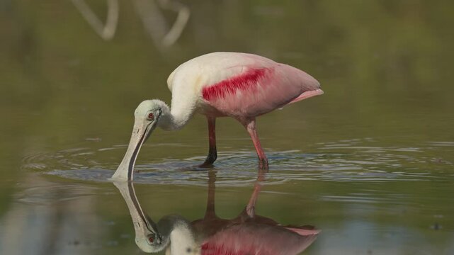 Roseate spoonbill chased by another rival spoonbill in the Florida Everglades