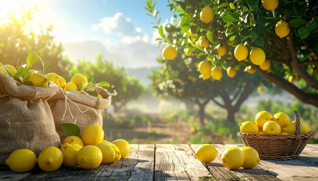 A vibrant Mediterranean orchard scene with a large fruitful [LEMON] tree standing clearly on the right side of the image. In the background, multiple [LEMON] trees appear softly out of focus 