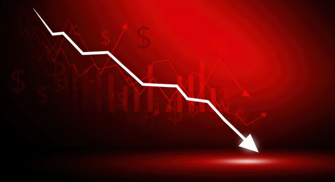Red Background and White Line Graph Showing Stock Market Falling Down Financial Crisis Economic Recession Bear Market Investment Loss Negative Trend Decline Downturn