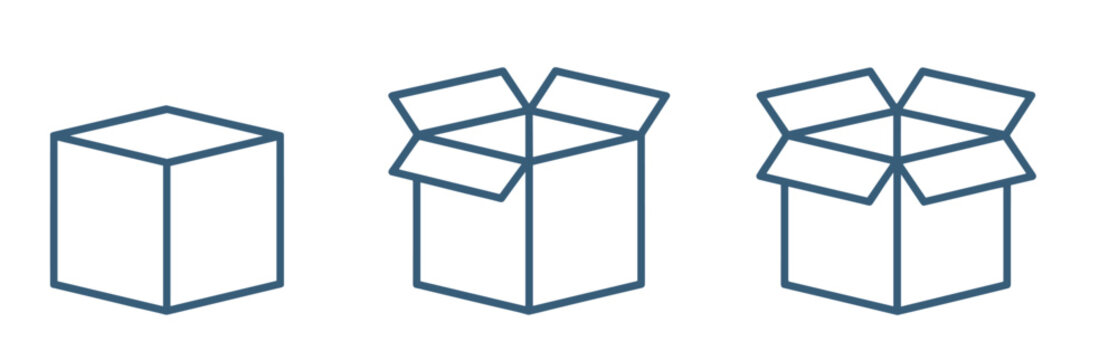 Sequence of Open Boxes. Three simple line art illustrations depict a closed cardboard box and two variations of an opened box, symbolizing packaging, delivery, and logistics.