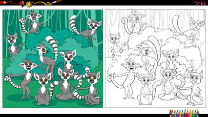 Fototapeta premium cartoon lemurs wild animals comic characters group coloring page