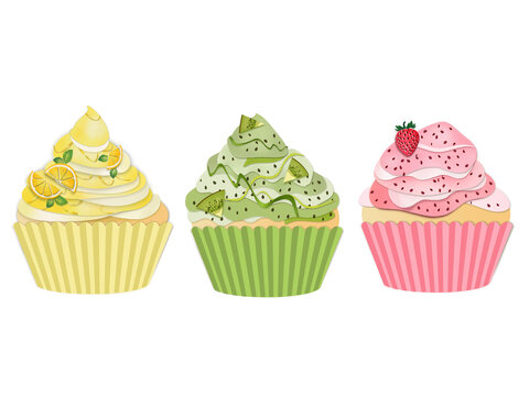 Set of three cupcakes with fruit toppings lemon, kiwi and strawberry flavor. 