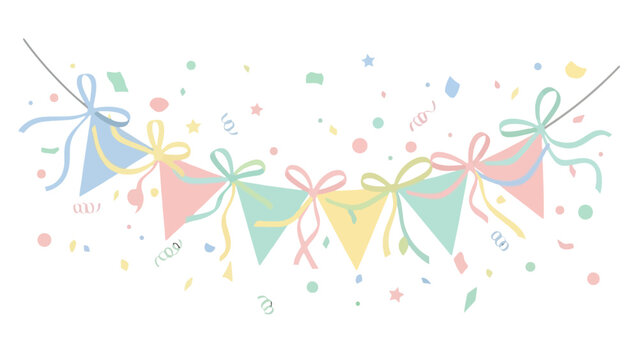 Pastel Party Garland: A whimsical string of pastel-colored triangular flags adorned with delicate bows, floating amidst a shower of colorful confetti and streamers.