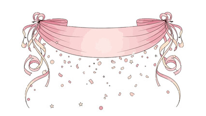 Celebratory Ribbon Banner: A delicate pink ribbon banner adorned with bows and streamers, gently cascades confetti in a whimsical celebration, perfect for invitations or announcements. © Kadita