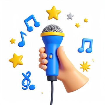 Hand holds blue microphone with yellow accents, surrounded by musical notes and stars
