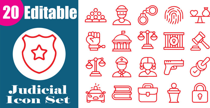 Editable judicial law enforcement Justice, Law, Court, Icons, Icon Set, Justice System Icons, Justice Icons, Legal Icons, Judicial Icons, on transparent background vector