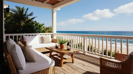 Obraz premium Wicker sofa and chairs on wooden deck with ocean view. Palm trees frame beach scene. Enjoy tranquil seaside vacation on tropical island resort.