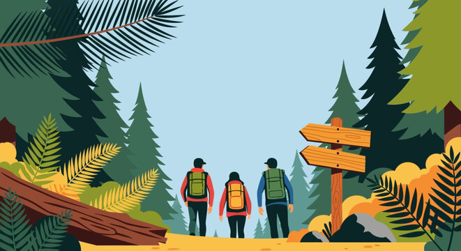 Group of three people hiking together in nature.