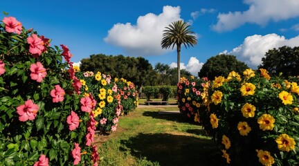 Obraz premium Path through lush garden path lined with vibrant pink and yellow hibiscus flowers. Tall palm tree stands against bright blue sky with fluffy white clouds. Greenery surrounds peaceful botanical oasis.
