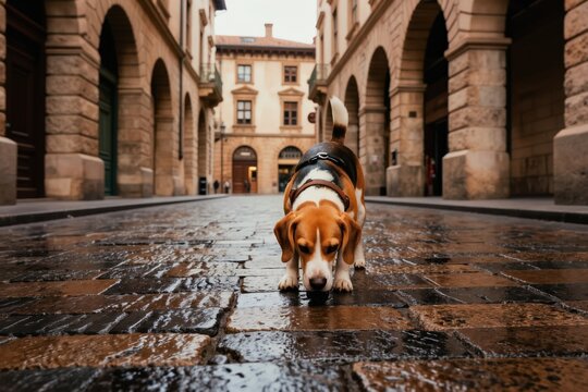 Beagle dog sniffs wet cobblestone street. Canine explores old town architecture on city walk. Pet enjoys urban exploration and outdoor adventure in historic European city.