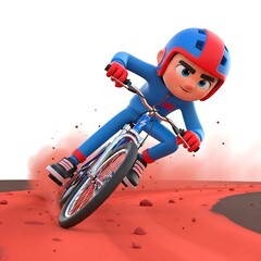 Naklejka premium Cartoon cyclist racing on a dirt track with red dust clouds