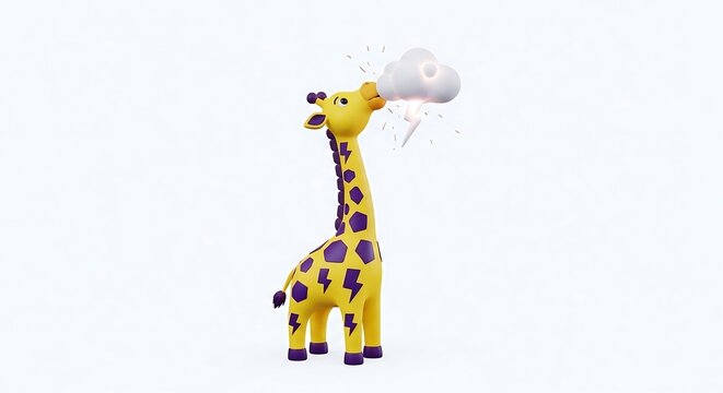 Yellow giraffe with electric patterns eating a storm cloud