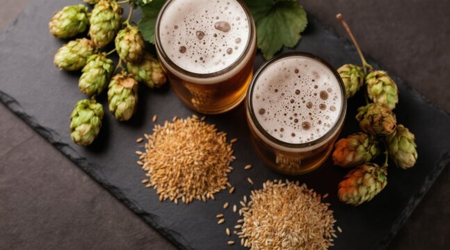 Two glasses of beer with hops and malt on stone. Golden amber ale with foam, barley grains, and fresh green hop cones. Brewed beverage for pub, bar, and party.