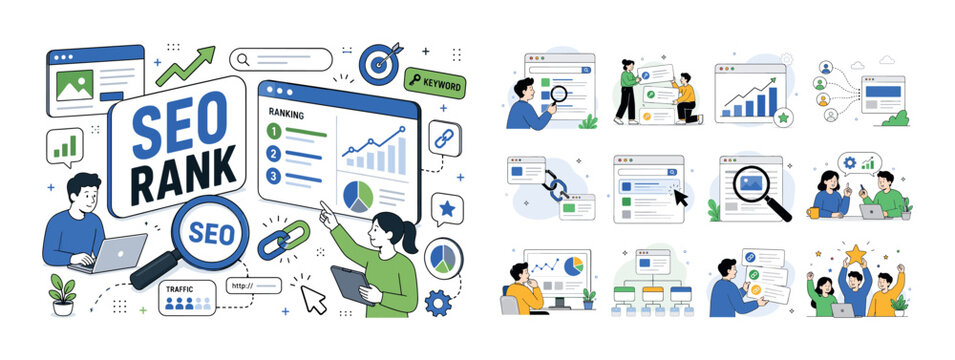 SEO Optimization Banner. Search engine optimization, business marketing, traffic, ranking, optimization, link and keyword banner with two geometric marketers beside an oversized search magnifier and