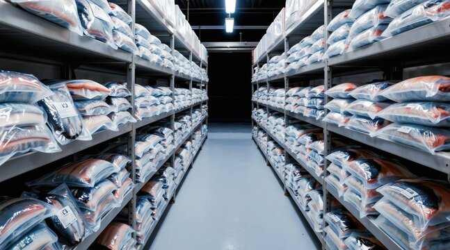 Industrial cold storage facility with shelves full of vacuum sealed fish packages. Products are frozen and ready for distribution. Large scale seafood processing for commercial use.