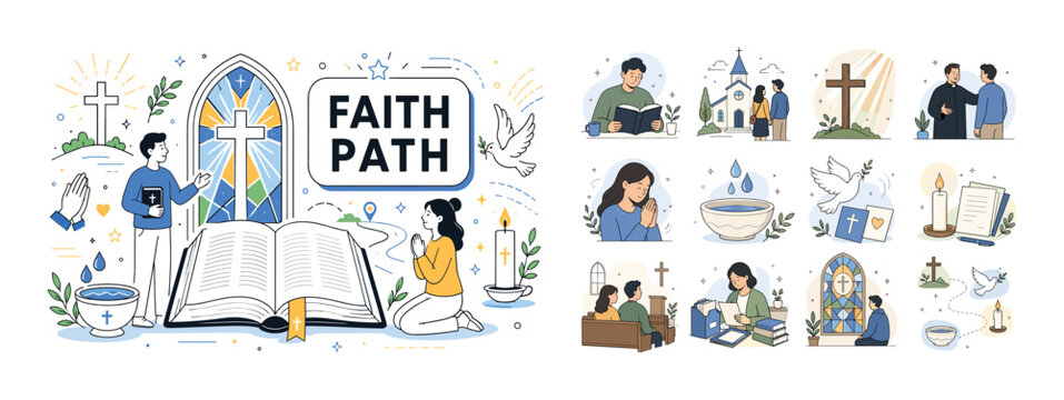 Christianity Faith Banner. Cross, church, bible, priest, prayer, Christian, baptism and Jesus faith symbols banner with two geometric characters beside an oversized church window and large open bible,