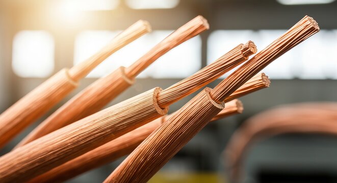 Close up View of Multiple Copper Electrical Wires and Conductive Cable Strands in Manufacture Frame