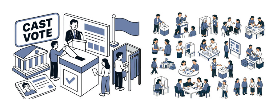 Election Voting Series banner showing three voters around an oversized ballot box and giant campaign board, voter card, government building block, candidate podium, voting booth, and democracy flag