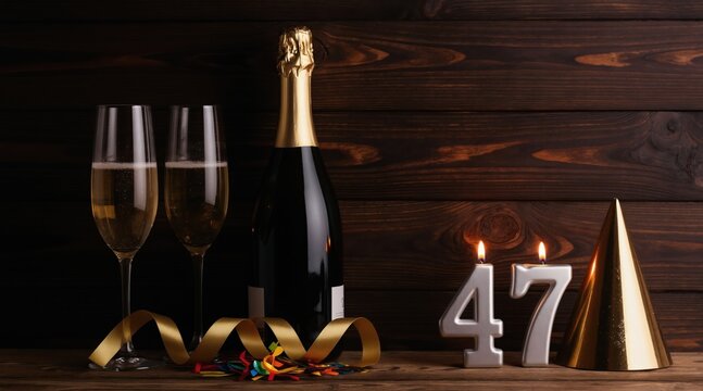 Celebrate forty seventh birthday with champagne, candles. Two glasses of bubbly, champagne bottle, festive party hat, number 47 candles on wood table. Holiday background for anniversary event,