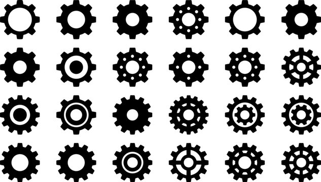 Mega bundle of minimalist solid black gear and cogwheel icons, flat vector industrial mechanism, settings and automation symbols for SaaS UI dashboard, app configuration and mechanical engineering