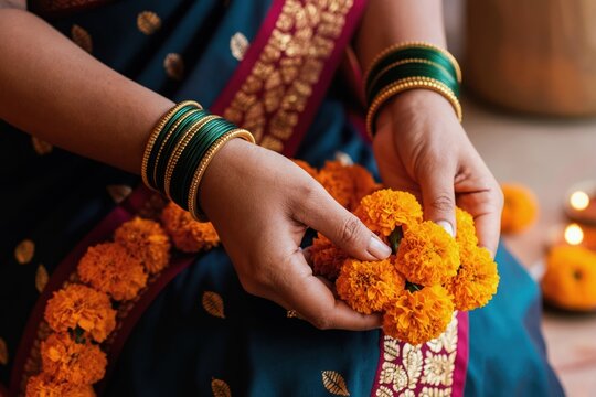 Indian woman wears green bangles and blue saree, holds orange marigold flowers. She prepares for a Hindu wedding or festival decoration. Festive floral arrangement.