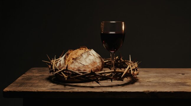 Loaf of bread rests in crown of thorns. Glass of red wine stands nearby on old wood table. Religious sacrifice symbols are arranged for worship or communion.