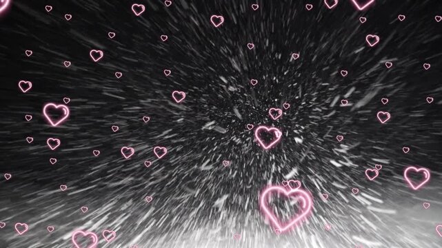 Animated pink hearts exploding in black and white background with motion blur effect