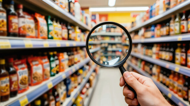Hand holds magnifying glass over supermarket aisle shelves stocked with diverse food items and products. Customer examines choice, seeks best quality for shopping needs. Focus on retail selection.