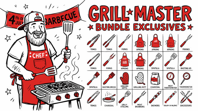 Grill Master Bundle Exclusives, 4th of July Barbecue, Chef Cooking Tools Vector Set
