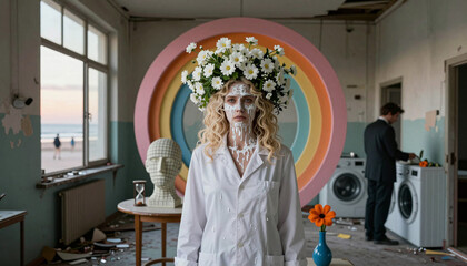 Fototapeta premium Woman with flower crown and white paint in vibrant abandoned room with rainbow mural