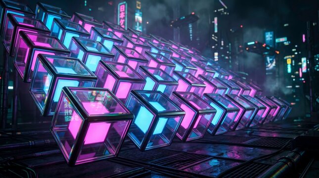 Digital Data Cubes: Glowing neon cubes arranged in a grid, illuminated by vibrant pink and blue lights, set against a futuristic cityscape background, representing data storage and technology.