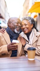 Obraz premium A joyful senior couple sharing a laugh over coffee at an outdoor cafe. This warm, romantic portrait captures lifelong love and a happy retirement lifestyle in a stylish urban setting.