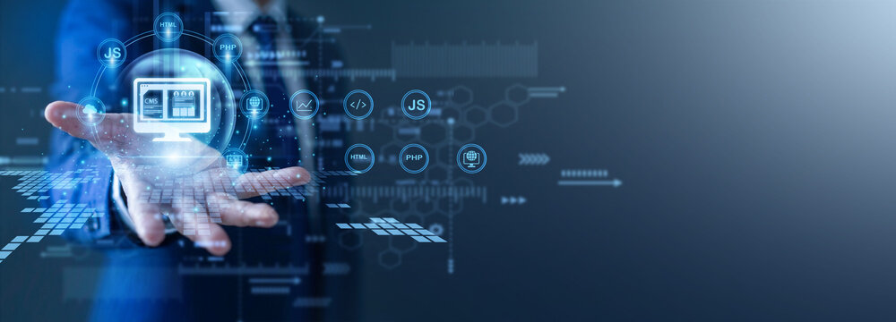 Senior coder builds platforms. Developer with a glow the hand Web Development network site. Modern coding practices create responsive interfaces and secure digital experiences for users.