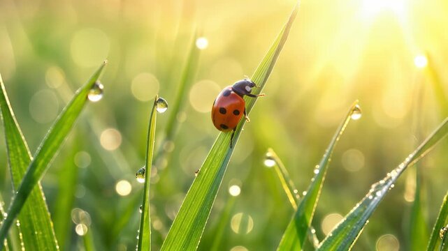 Red ladybug climbing green grass blade with morning dew. Close-up macro of beetle in sunlit meadow. Lockdown shot.