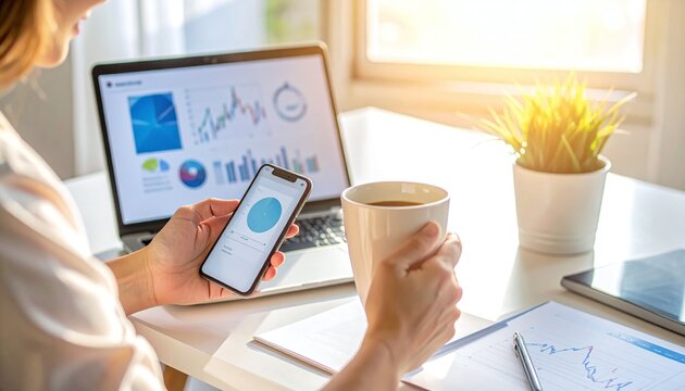 A woman analyzes financial market charts on a laptop and phone in a sunlit home office. This highkey image captures productivity, remote work, and modern digital business success.