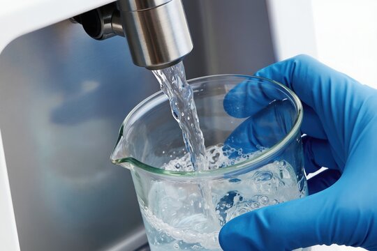 Laboratory worker fills beaker with pure water from purification system. Scientist tests liquid quality for drinking safety in research facility. Clean liquid ensures health.