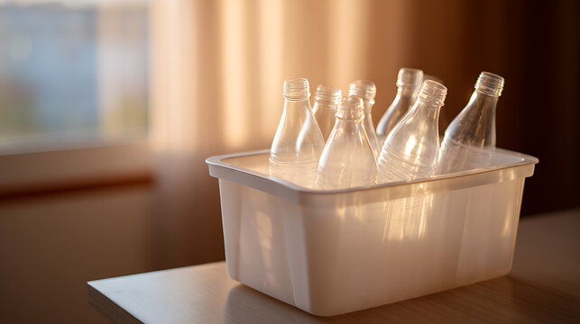 Clear Glass Bottles Stand Upright in a White Plastic Container, Bathed in Warm Sunlight, Ready for Reuse or Recycling, Indoors