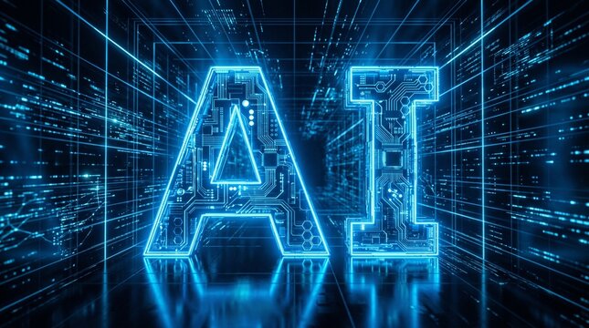 Futuristic AI technology digital circuit with glowing blue neon lights in abstract cyber space
