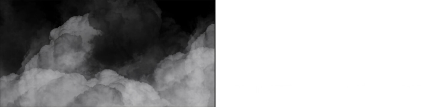 Thick white clouds and smoke formations over dark background transparent overlay for design.