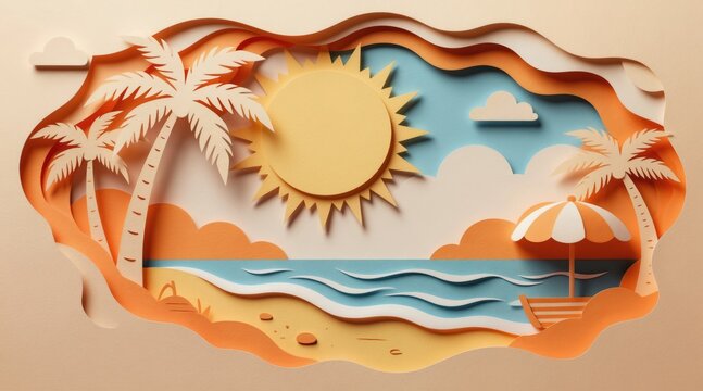 Paper cut art shows sunny beach with palm trees ocean waves. Tropical landscape features sun clouds beach chair umbrella. Summer vacation scene.