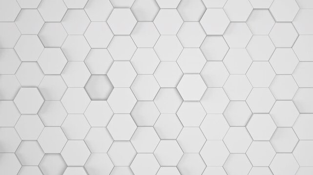 Abstract 4K white hexagon geometric background. Full frame 3D honeycomb seamless loop backdrop.